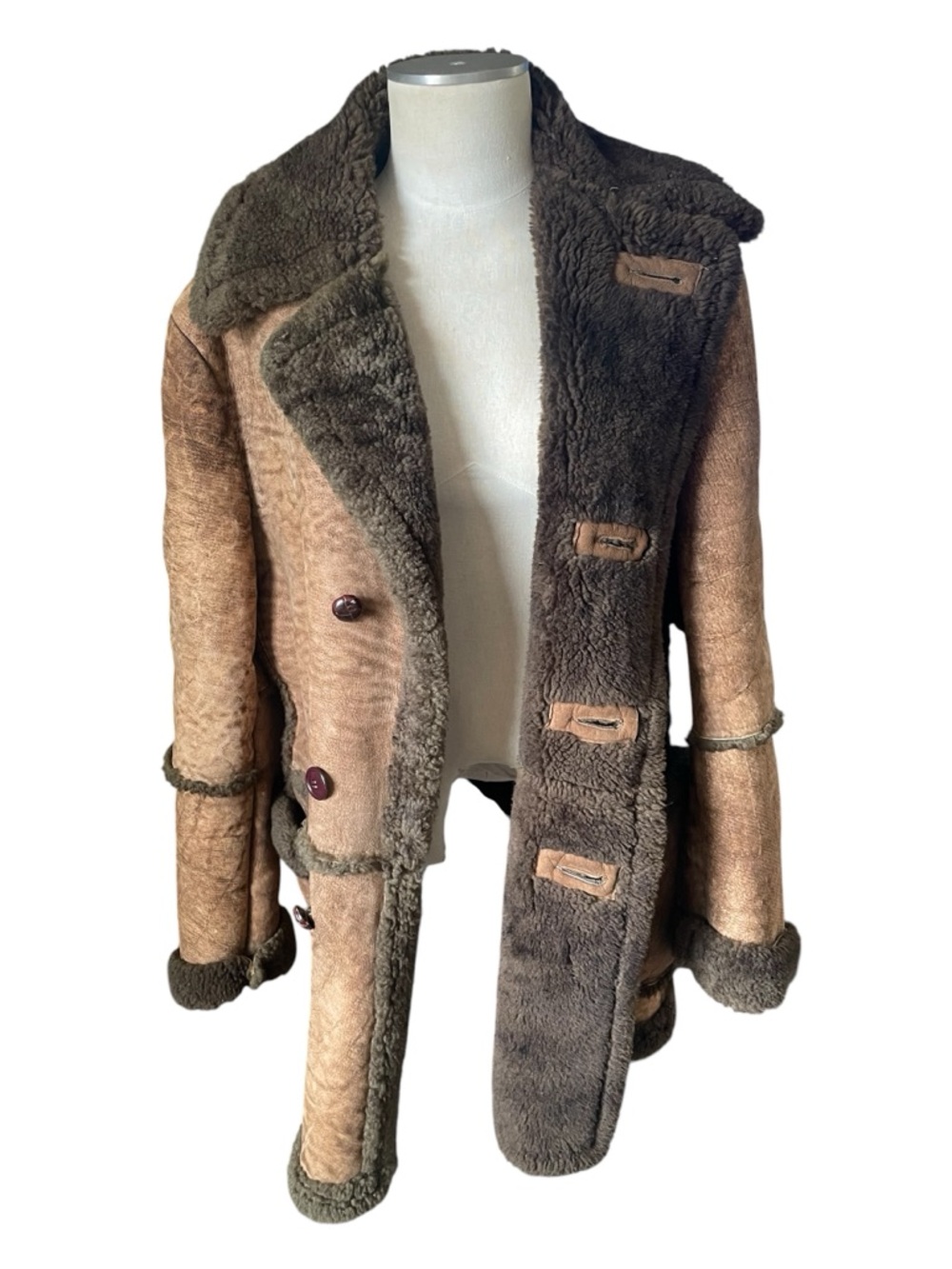 Vintage Leather Shearling Coat with Dark Brown Trim